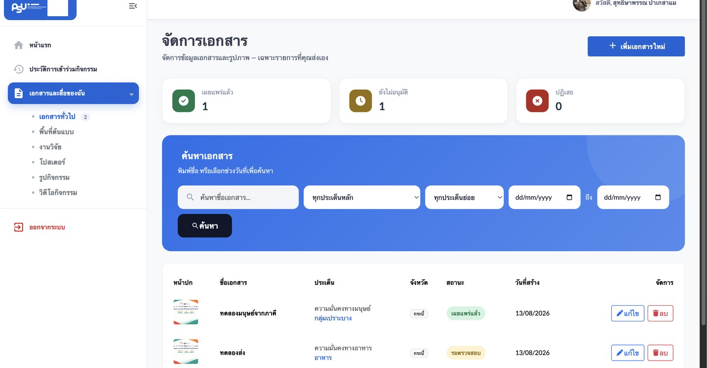 หน้าจัดการเอกสารทั่วไป แสดงเมนูด้านซ้ายและตารางรายการเอกสาร